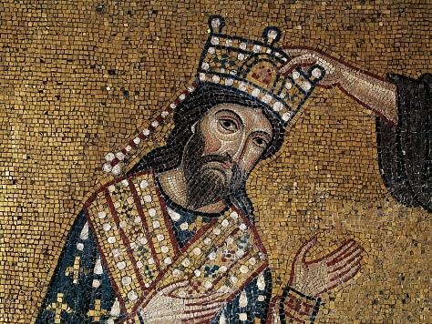 Medieval mosaic depicting a crowned Roger II.