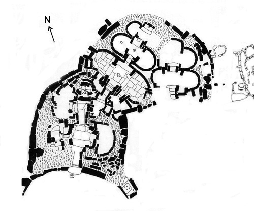 Black and white aerial plan of the Tarxien prehistoric complex